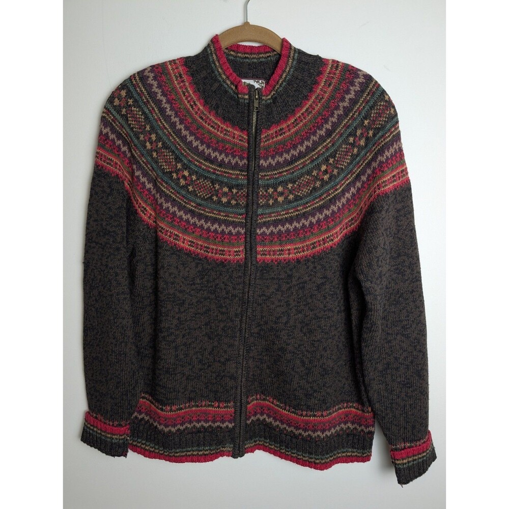 Vintage Y2K Tiara International Women's Size M Brown Fair Isle Full ZIp Cardigan